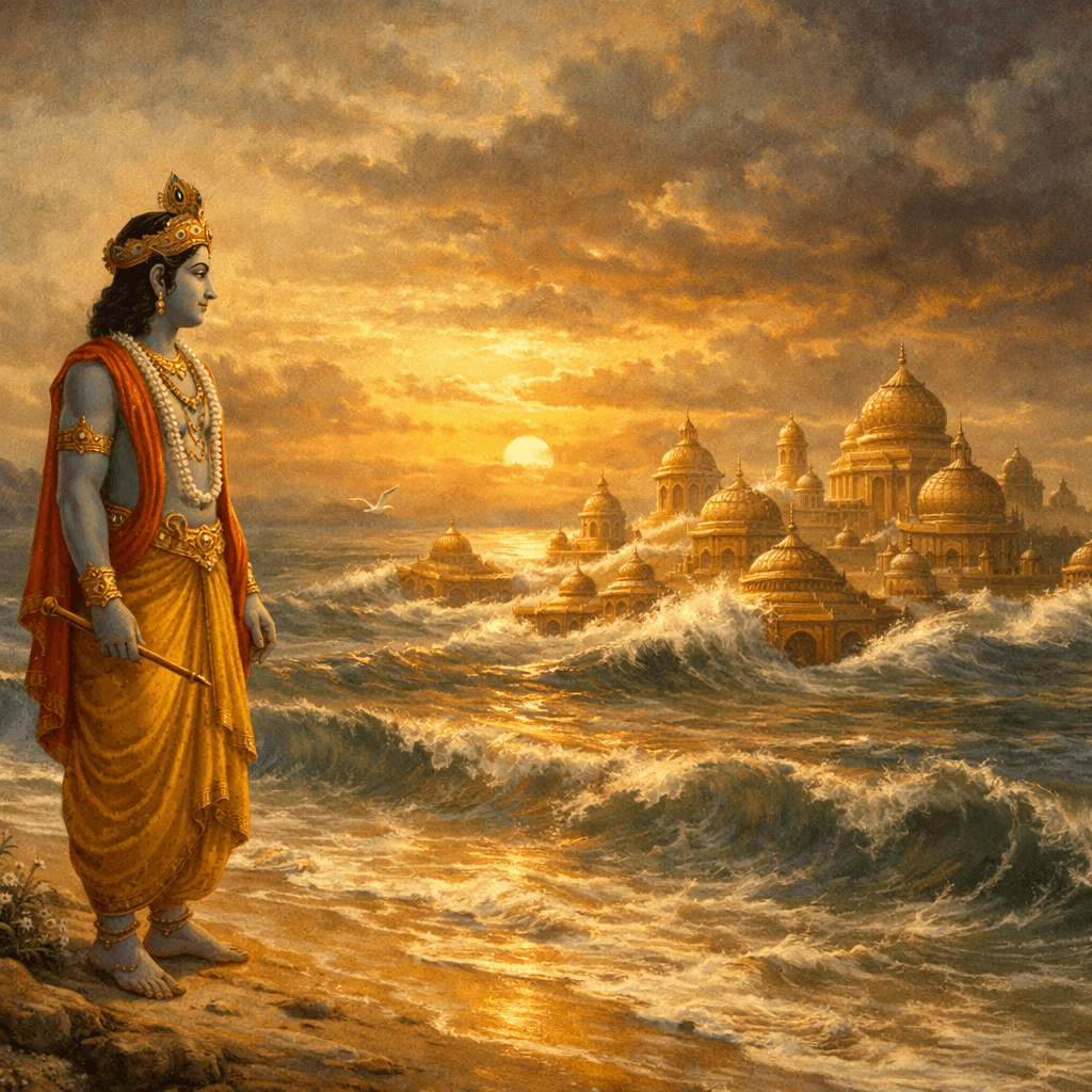 An AI-generated image of Lord Krishna standing on the seashore watching the golden city of Dwaraka sinking into the ocean under a dramatic sunset sky.