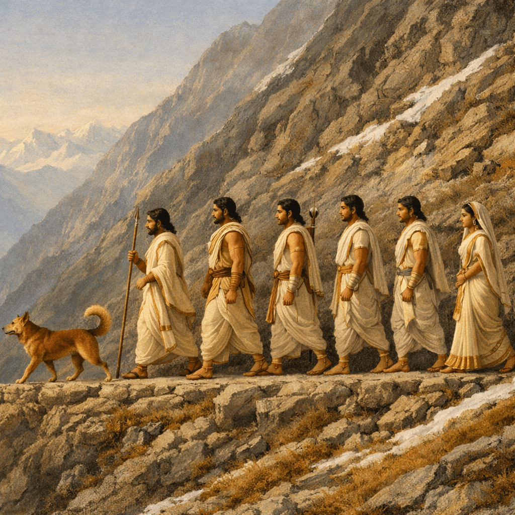 An AI-generated image showing Yudhishthira, Bhima, Arjuna, Nakula, Sahadeva and Draupadi walking in single file up a Himalayan mountain path with a dog leading them, symbolizing Dharma and their final journey.