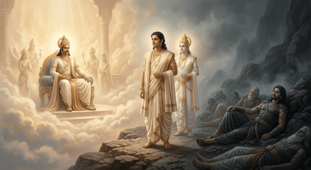 An AI-generated image showing Yudhishthira standing between heaven and hell, with Duryodhana in a celestial throne on one side and Karna and other warriors in a shadowed realm, representing the illusion of karma and divine justice.