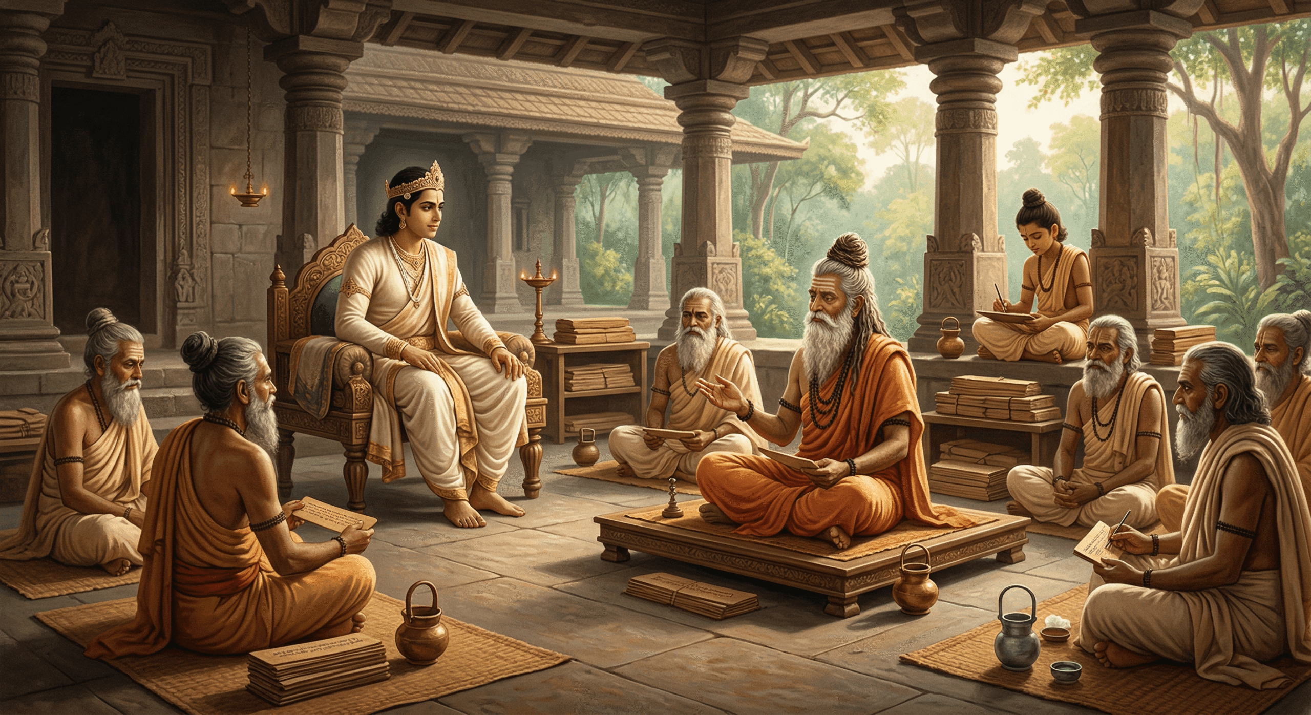 AI-generated image of a scene from the Mahabharata Khila Bhavishya Purana showing King Shatanika seated in a royal court listening to a Rishi narrating, with sages and students recording knowledge on palm leaf manuscripts.