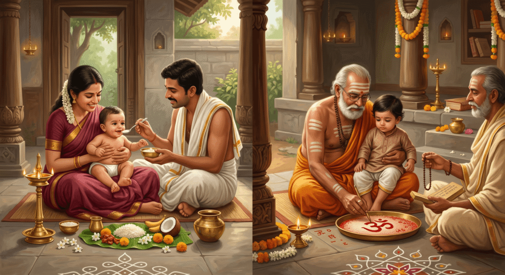 An AI-generated image of a traditional Indian Annaprashana and Vidyarambha ceremony showing parents feeding a baby and a Guru guiding a child to write Om on a plate of rice in a cultural home setting.