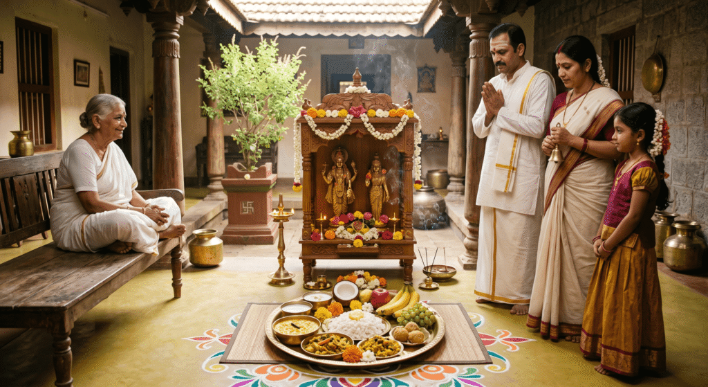 An AI-generated image depicting a traditional Indian family offering vegetarian food as Naivedya to the household deity in a home shrine, with parents, child, and grandmother participating in a Sanatana Dharma prayer ritual.